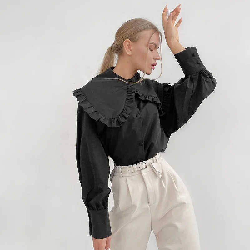 Elegant Women Fashion Solid Color Peter Pan Collar Lantern Sleeve Shirt Blouse Subtle Shimmer Blouse Elegant Women Fashion Solid Color Peter Pan Collar Lantern Sleeve Shirt Blouse Subtle Shimmer Blouse