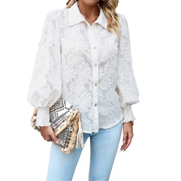 European style Casual Elegant Polo collar Long sleeve blouse Loose Fit Blouse
