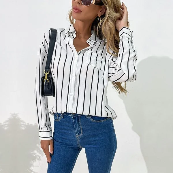 European style Loose White Stripe blouse for women Soft Knit Blouse