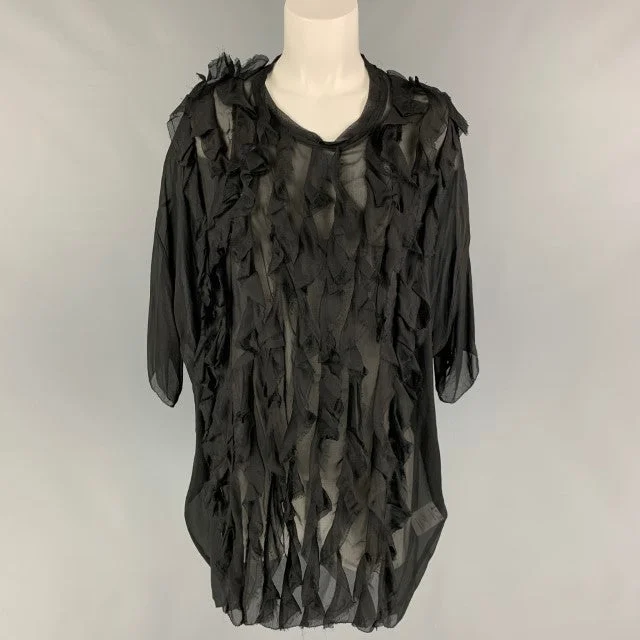 FAITH CONNEXION Size S Black Silk Ruffled Short Sleeve Blouse Pleated Collar Blouse