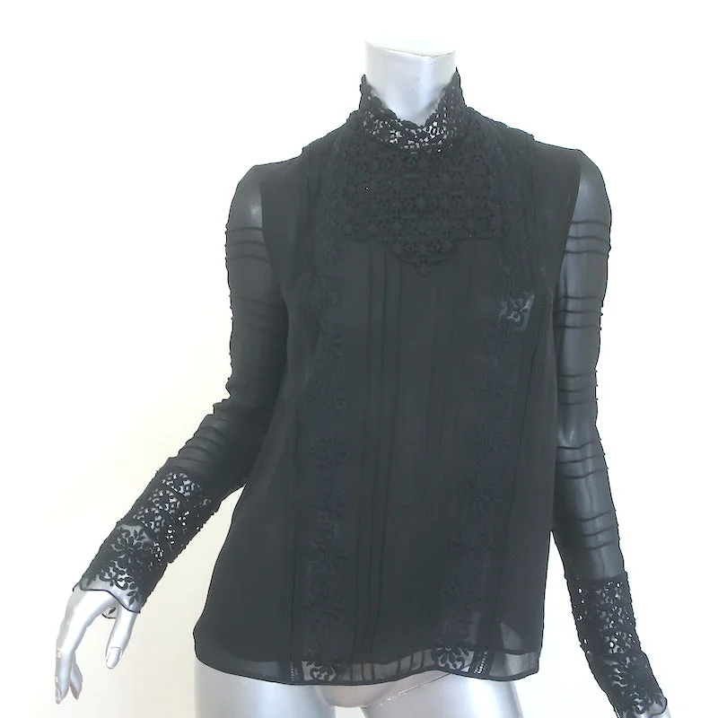 Giambattista Valli Crochet Lace-Trim Blouse Black Silk Size 42 Long Sleeve Top Classic White Blouse Giambattista Valli Crochet Lace-Trim Blouse Black Silk Size 42 Long Sleeve Top Classic White Blouse