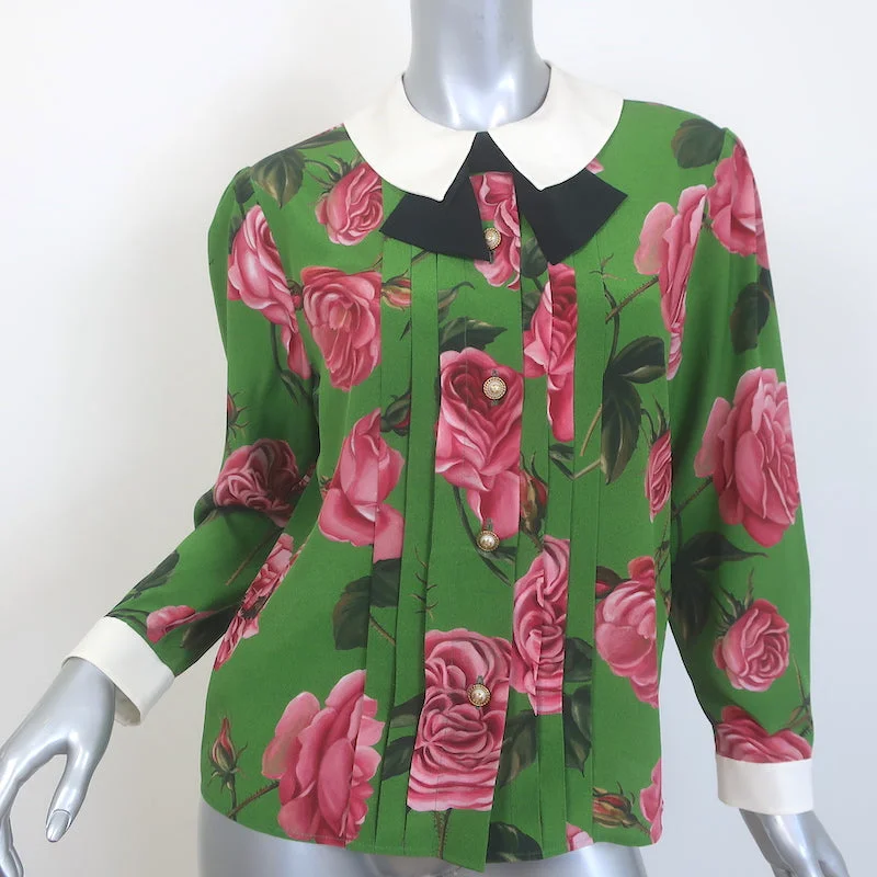 Gucci Collared Bow Blouse Green Rose Print Silk Crepe Size 42 Long Sleeve Top Office-Ready Blouse