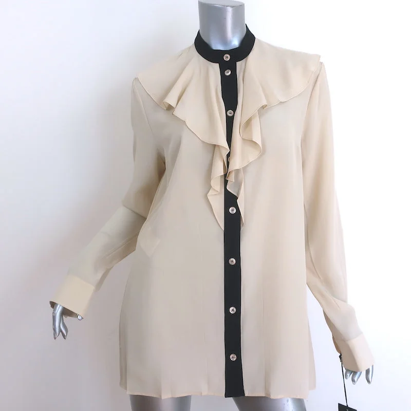 Gucci Contrast-Trim Ruffle Blouse Beige Silk Size 46 Long Sleeve Top NEW Cotton Casual Blouse Gucci Contrast-Trim Ruffle Blouse Beige Silk Size 46 Long Sleeve Top NEW Cotton Casual Blouse