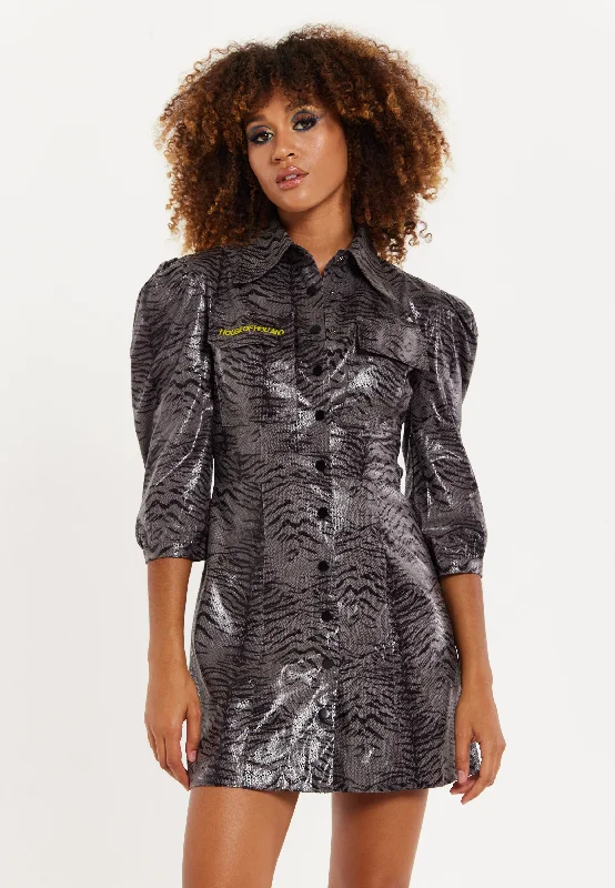 House Of Holland Mini Dress in Grey Wet Look Zebra Stripe