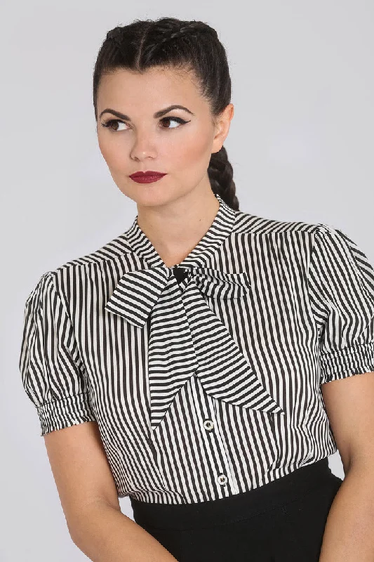 Humbug Stripe Tie-Neck Blouse by Hell Bunny Casual Button Blouse
