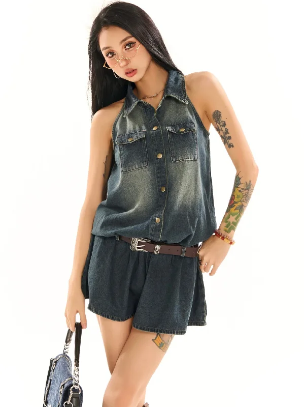 Ianna Denim Washed Sleeveless Lapel Brown Waist Belt Multi-Pocket Mini Dress