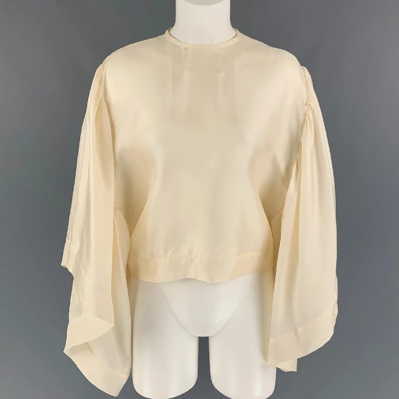 JULIA & RENATA Size L Beige Silk Oversized Sleeves Blouse Slim Fit Blouse