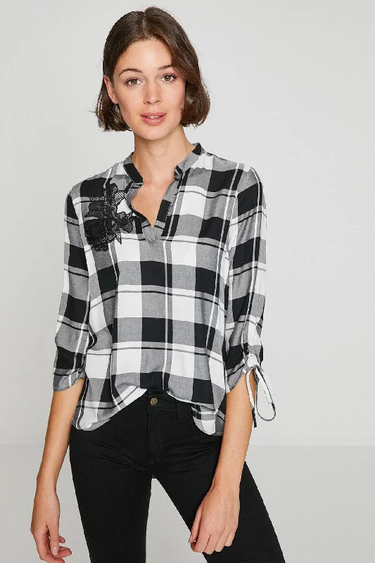 Women Black Restraint Collar Blouse Lightweight Floral Blouse
