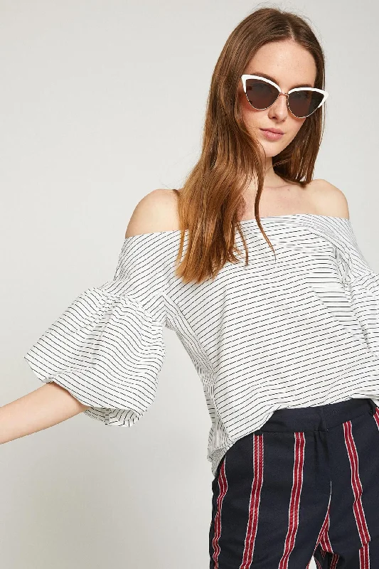 Women Black Striped Blouse Short Sleeve Blouse
