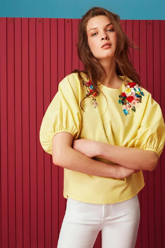 Women Yellow Blouse Embroidered Cotton Blouse