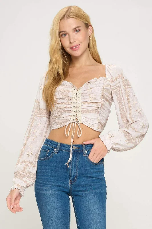 Lace Up Front Shirred Smock Back Blouse Top Satin Drape Blouse