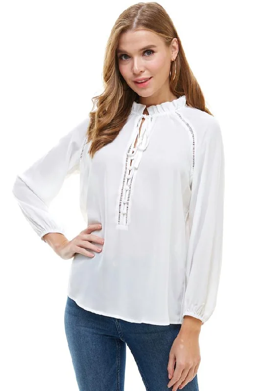 Lattice Trimmed Long Sleeves Tie Neck Blouse Sheer Mesh Blouse