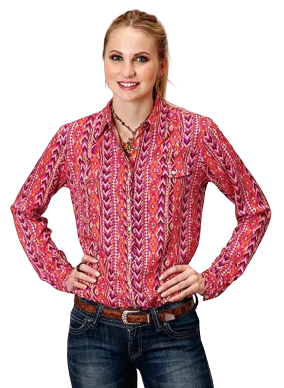 Roper Women's Retro Aztec Printed Western Pink Blouse Elegant Semi-Sheer Blouse