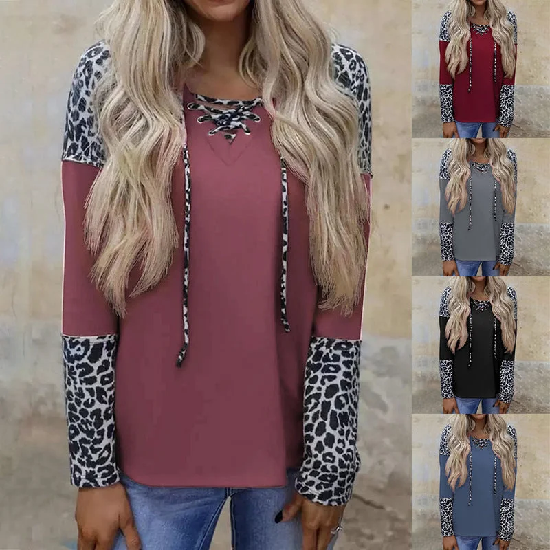 Leopard Print Long-Sleeved Stitching Loose Casual Ladies Blouse Boho Printed Blouse