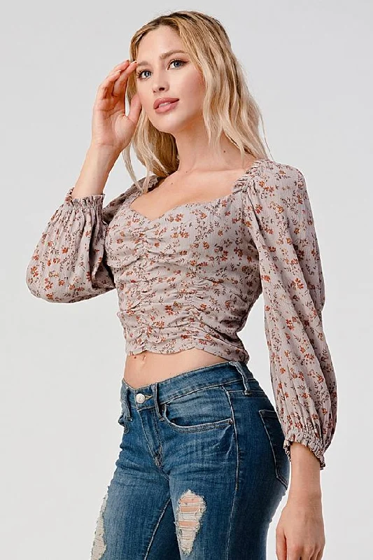 Long Sleeve Ruched Front Square Neck Blouse Top Double-Layered Blouse