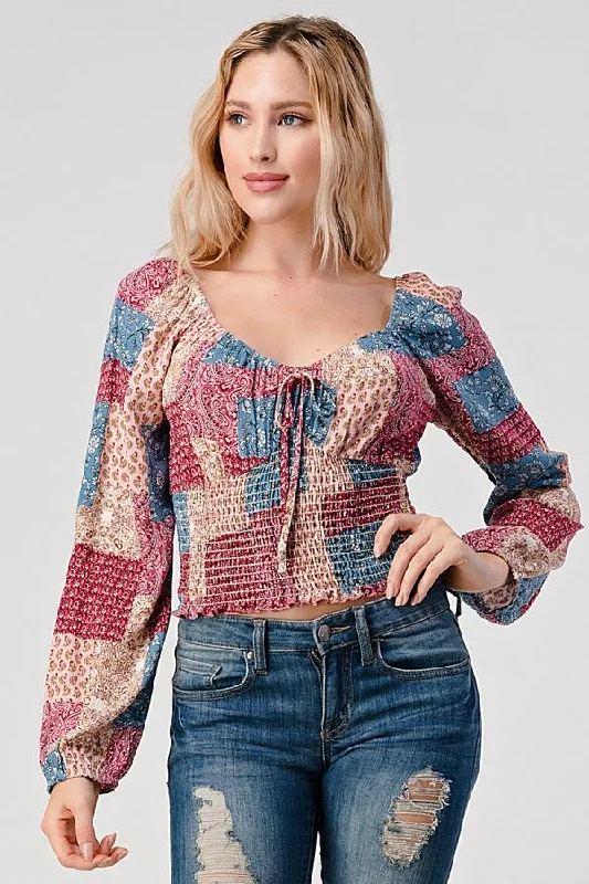 Long Sleeve Smocked Blouse Top Patchwork Silky Draped Blouse