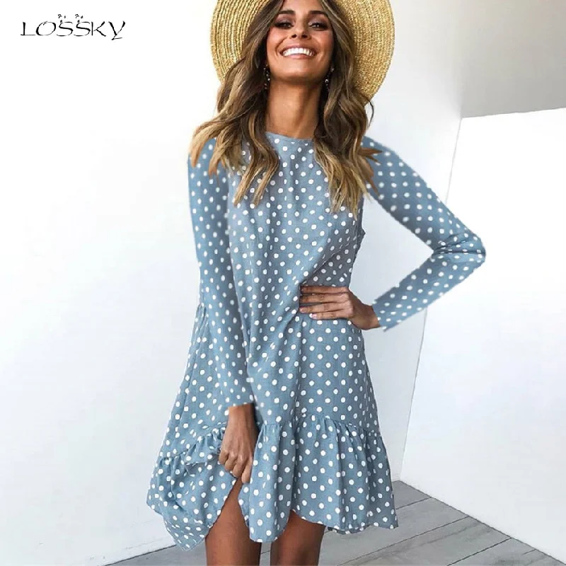 Lossky Polka Dot Print Casual Long Sleeve Mini Dress