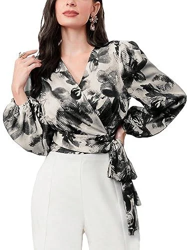 MakeMeChic Women's Tie Dye Lantern Sleeve V Neck Knot Side Cross Wrap Blouse Shirts Tops Multicolor S Feminine Tie Blouse