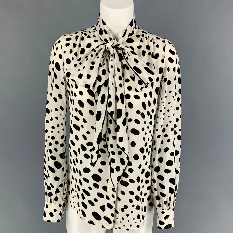 MARC JACOBS Size 00 White Black Silk Dots Bow Blouse Slim Fit Blouse