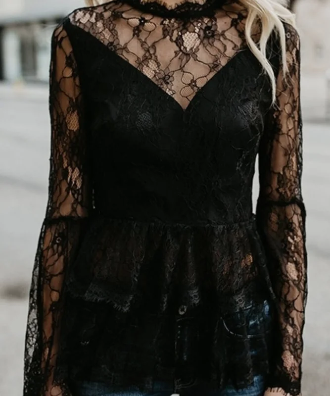 Women's Semi Lace Zipper Back Flare Sleeve Blouse Textured Cotton Blouse