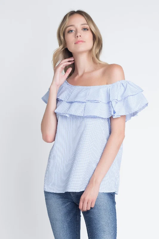 Women's Striped Off Shoulder Ruffle Stripe Blouse Soft Satin Blouse