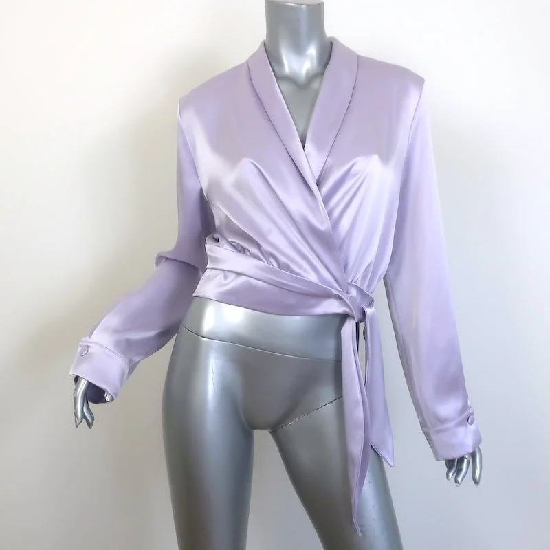 Nanushka Salome Wrap Top Lilac Satin Size Medium Long Sleeve Blouse NEW Double Button Blouse Nanushka Salome Wrap Top Lilac Satin Size Medium Long Sleeve Blouse NEW Double Button Blouse