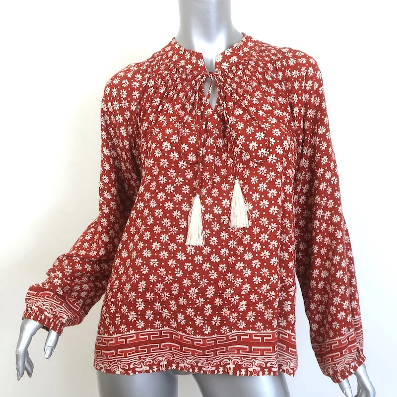 Natalie Martin Tassel Top Rust Floral Print Size Medium Long Sleeve Blouse Satin Long Blouse Natalie Martin Tassel Top Rust Floral Print Size Medium Long Sleeve Blouse Satin Long Blouse