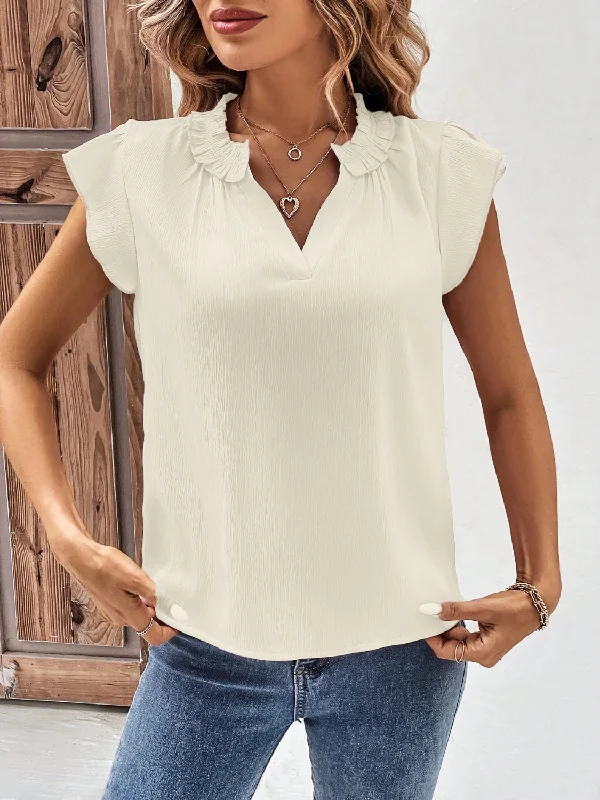 Notched Cap Sleeve Blouse Elegant Embroidery Blouse