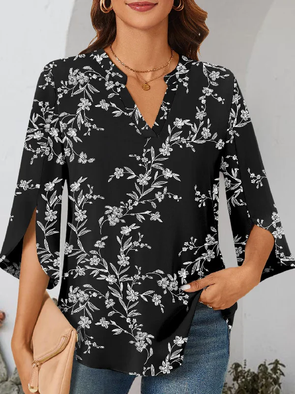 Notched Slit Half Sleeve Blouse Chic Sleeveless Blouse