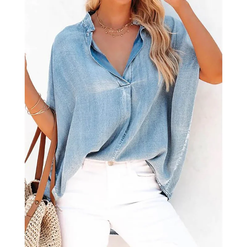 Women's Oversize Denim Blouse Vintage Polka Blouse