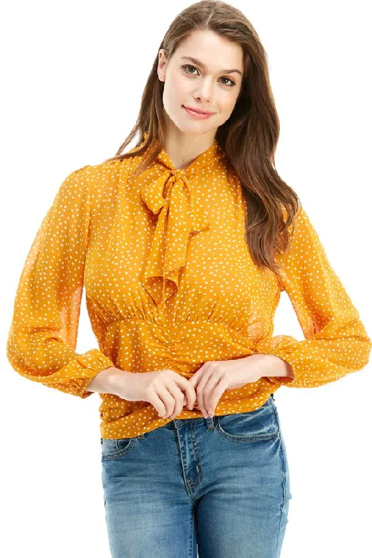 Pin Dot Tie Neck Elastic Waist Long Sleeve Blouse Sheer Sleeve Blouse