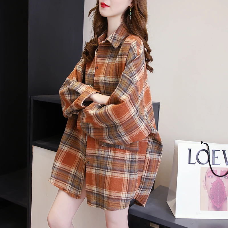 Plaid Shirt Blouse Ladies Preppy Style Loose Lightweight Floral Blouse