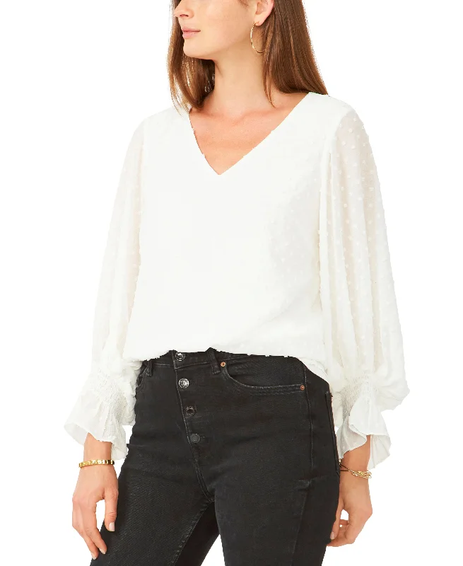 Plus Size Clip Dot V-Neck Blouse Ruched Sleeve Blouse