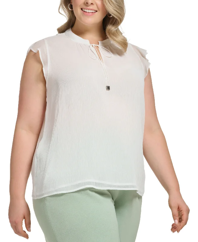 Plus Size Flutter-Sleeve Tie-Neck Blouse Romantic Lace Blouse