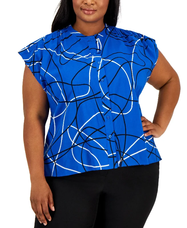 Plus Size Printed Cap-Sleeve Blouse Peter Pan Collar Blouse