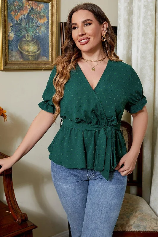 Plus Size Surplice Neck Tie Waist Blouse Embellished Collar Blouse