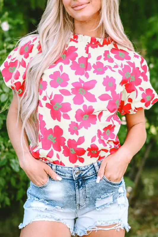 Printed Mock Neck Puff Sleeve Blouse Soft Knit Blouse