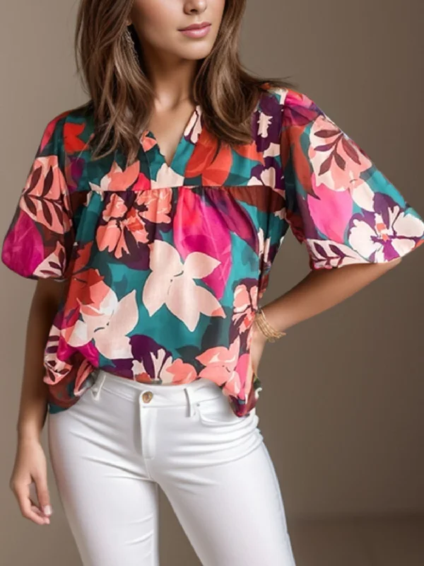 Printed Notched Puff Sleeve Blouse Casual Relaxed Fit Blouse
