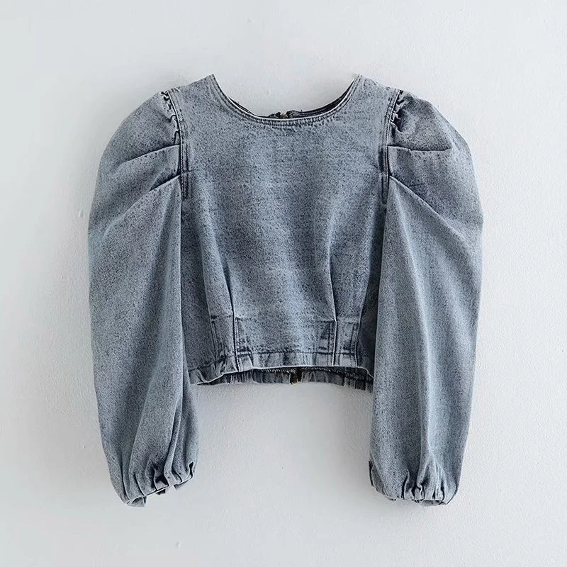 Puff Sleeve Denim Blouse Women Short Sleeve Blouse