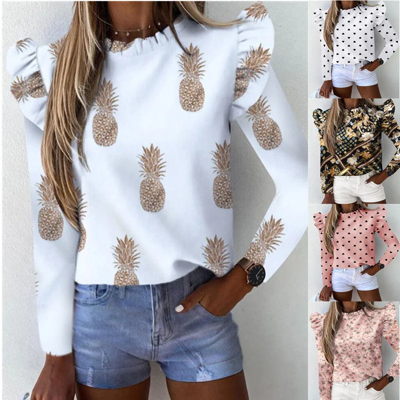Ruffled Long Sleeve Crew Neck Pineapple Print Blouse Boho Chic Blouse