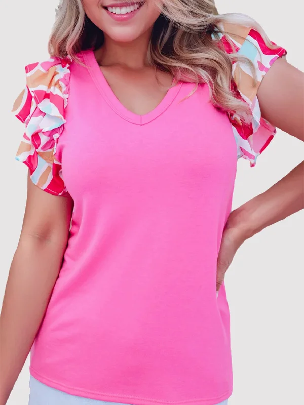 Ruffled Printed V-Neck Short Sleeve Blouse Lightweight Floral Blouse