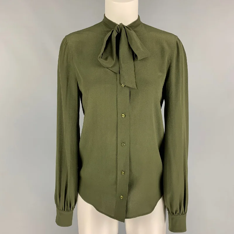 SAINT LAURENT Size 4 Dark Green Silk Bow Blouse Floral Chiffon Blouse