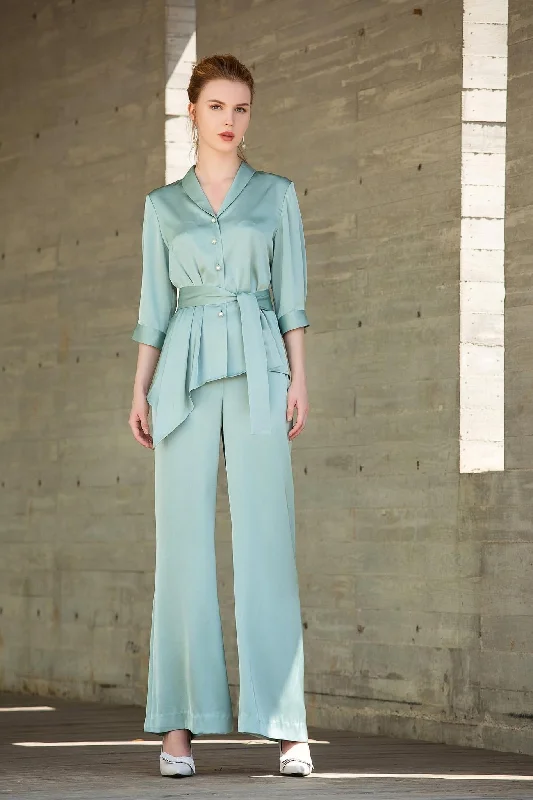 Seafoam Green Belted Blouse Balloon Sleeve Blouse