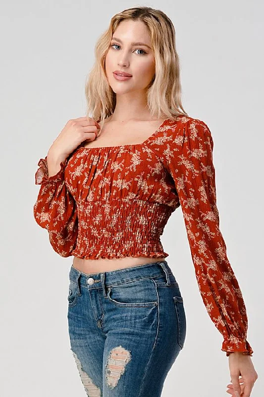 Square Neck Smock Waisted Long Sleeve Blouse Top Cotton Casual Blouse