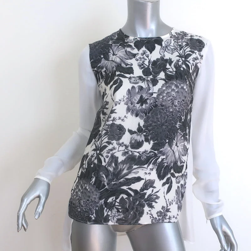 Stella McCartney Floral-Front Blouse White/Gray Silk Size 38 Long Sleeve Top Smart Casual Blouse