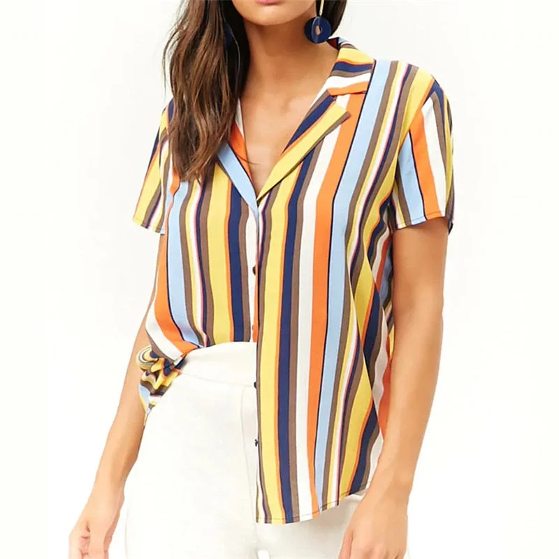 Striped Blouse Women Short Sleeve Chiffon Side Tie Blouse