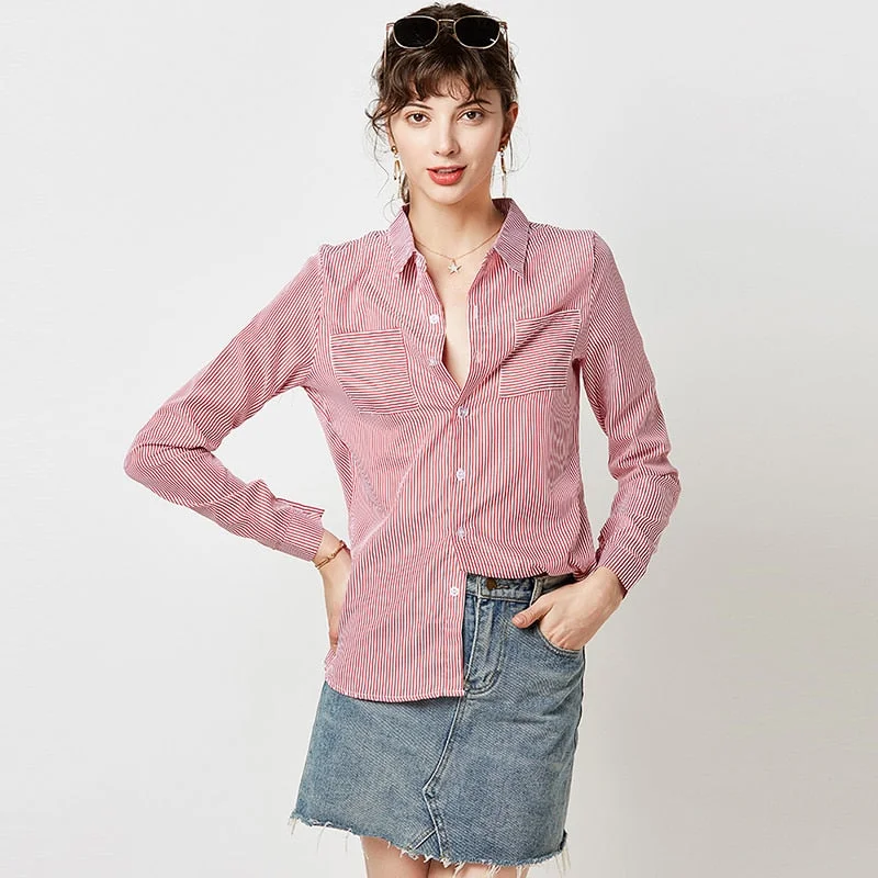 Striped Long Sleeve Shirt Women Blouse Turn Pastel Color Blouse