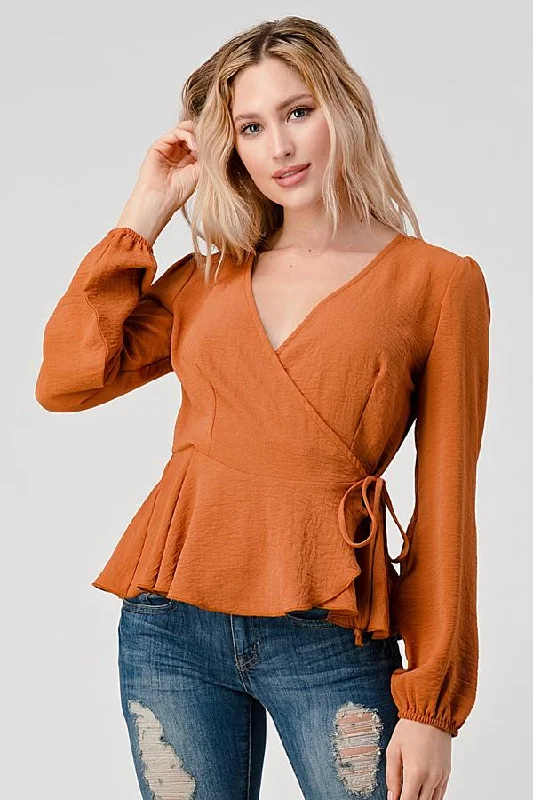 Surplice Tie Waist Long Sleeves Peplum Hem Blouse Backless Summer Blouse