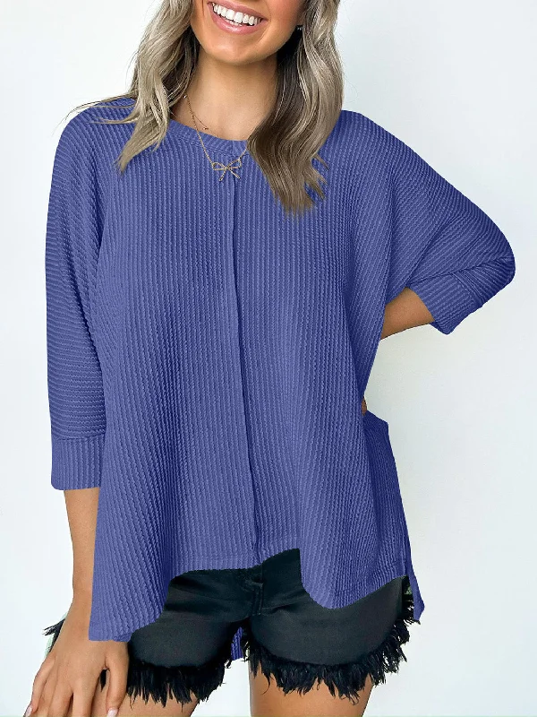 Textured Round Neck Three-Quarter Sleeve Blouse Elegant Embroidery Blouse