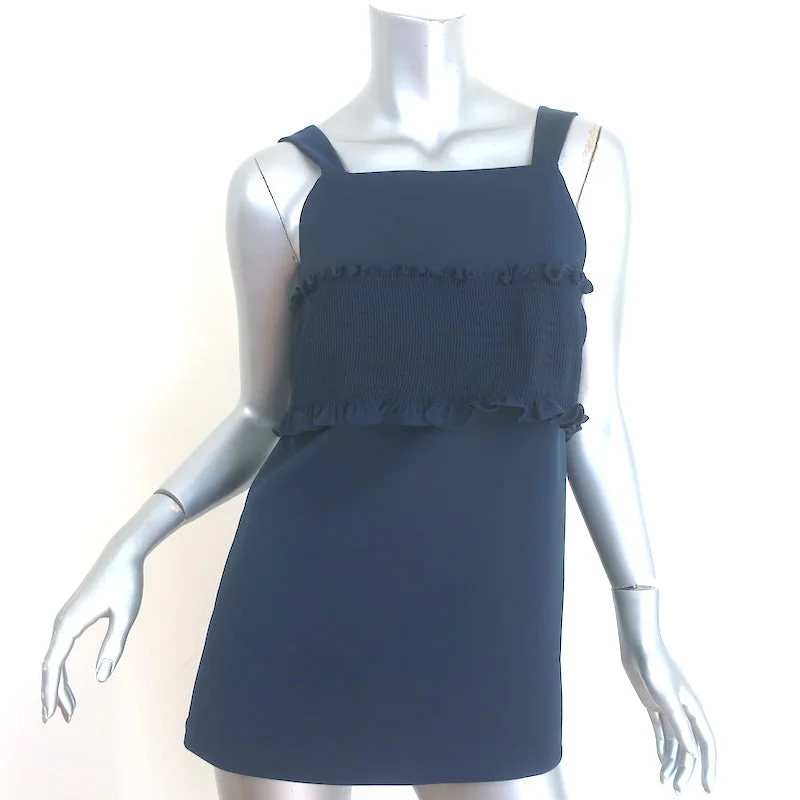 Tibi Smocked Tank Top Navy Stretch Crepe Size 8 Open-Back Sleeveless Blouse NEW Chic Sleeveless Blouse Tibi Smocked Tank Top Navy Stretch Crepe Size 8 Open-Back Sleeveless Blouse NEW Chic Sleeveless Blouse
